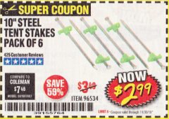 Harbor Freight Coupon 10 IN. STEEL TENT STAKES, 6-PACK Lot No. 96534 Expired: 11/30/19 - $2.99