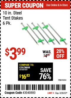 Harbor Freight Coupon 10 IN. STEEL TENT STAKES, 6-PACK Lot No. 96534 Expired: 3/20/22 - $3.99