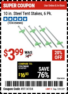 Harbor Freight Coupon 10 IN. STEEL TENT STAKES, 6-PACK Lot No. 96534 Expired: 7/31/22 - $3.99