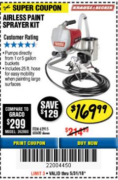 Harbor Freight Coupon AIRLESS PAINT SPRAYER KIT Lot No. 62915/60600 Expired: 5/31/18 - $169.99