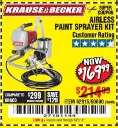 Harbor Freight Coupon AIRLESS PAINT SPRAYER KIT Lot No. 62915/60600 Expired: 8/20/18 - $169.99