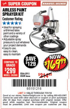 Harbor Freight Coupon AIRLESS PAINT SPRAYER KIT Lot No. 62915/60600 Expired: 7/31/18 - $169.99