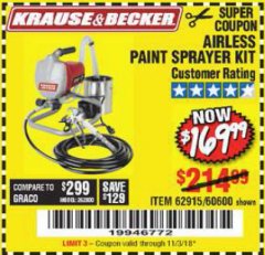 Harbor Freight Coupon AIRLESS PAINT SPRAYER KIT Lot No. 62915/60600 Expired: 11/3/18 - $169.99