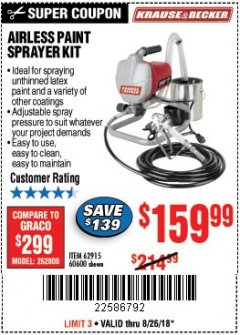 Harbor Freight Coupon AIRLESS PAINT SPRAYER KIT Lot No. 62915/60600 Expired: 8/26/18 - $159.99