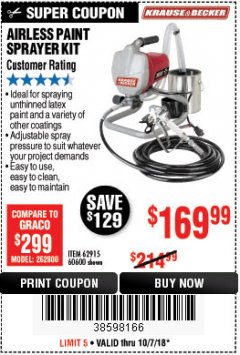Harbor Freight Coupon AIRLESS PAINT SPRAYER KIT Lot No. 62915/60600 Expired: 10/7/18 - $169.99