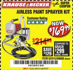 Harbor Freight Coupon AIRLESS PAINT SPRAYER KIT Lot No. 62915/60600 Expired: 5/4/19 - $169.99