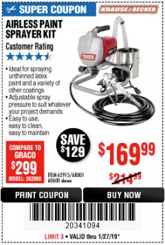 Harbor Freight Coupon AIRLESS PAINT SPRAYER KIT Lot No. 62915/60600 Expired: 1/27/19 - $169.99