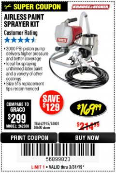 Harbor Freight Coupon AIRLESS PAINT SPRAYER KIT Lot No. 62915/60600 Expired: 3/31/19 - $169.99