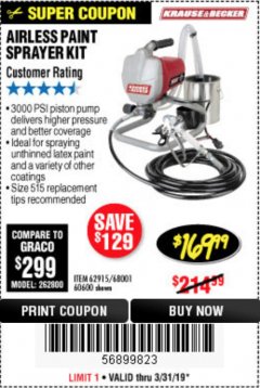 Harbor Freight Coupon AIRLESS PAINT SPRAYER KIT Lot No. 62915/60600 Expired: 3/31/19 - $169.99