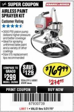 Harbor Freight Coupon AIRLESS PAINT SPRAYER KIT Lot No. 62915/60600 Expired: 5/31/19 - $169.99