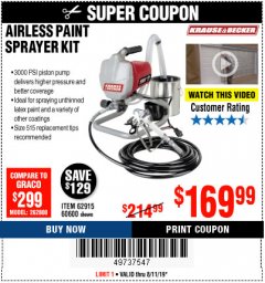 Harbor Freight Coupon AIRLESS PAINT SPRAYER KIT Lot No. 62915/60600 Expired: 8/11/19 - $169.99