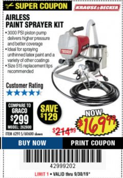 Harbor Freight Coupon AIRLESS PAINT SPRAYER KIT Lot No. 62915/60600 Expired: 9/30/19 - $169.99