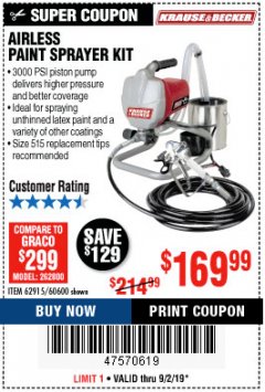 Harbor Freight Coupon AIRLESS PAINT SPRAYER KIT Lot No. 62915/60600 Expired: 9/2/19 - $169.99