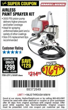 Harbor Freight Coupon AIRLESS PAINT SPRAYER KIT Lot No. 62915/60600 Expired: 9/30/19 - $169.99