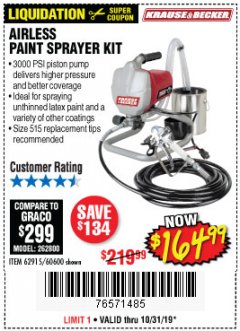 Harbor Freight Coupon AIRLESS PAINT SPRAYER KIT Lot No. 62915/60600 Expired: 10/31/19 - $164.99