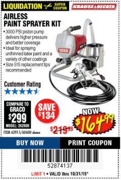 Harbor Freight Coupon AIRLESS PAINT SPRAYER KIT Lot No. 62915/60600 Expired: 10/31/19 - $164.99