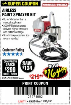 Harbor Freight Coupon AIRLESS PAINT SPRAYER KIT Lot No. 62915/60600 Expired: 11/30/19 - $164.99