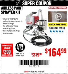 Harbor Freight Coupon AIRLESS PAINT SPRAYER KIT Lot No. 62915/60600 Expired: 11/10/19 - $164.99