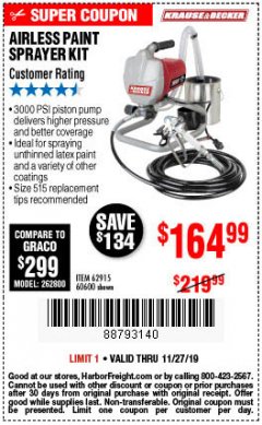Harbor Freight Coupon AIRLESS PAINT SPRAYER KIT Lot No. 62915/60600 Expired: 11/27/19 - $164.99