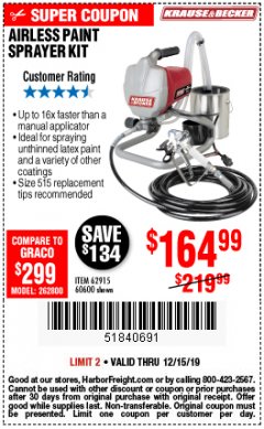 Harbor Freight Coupon AIRLESS PAINT SPRAYER KIT Lot No. 62915/60600 Expired: 12/15/19 - $164.99