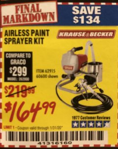 Harbor Freight Coupon AIRLESS PAINT SPRAYER KIT Lot No. 62915/60600 Expired: 1/31/20 - $164.99