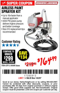 Harbor Freight Coupon AIRLESS PAINT SPRAYER KIT Lot No. 62915/60600 Expired: 1/6/20 - $164.99