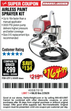 Harbor Freight Coupon AIRLESS PAINT SPRAYER KIT Lot No. 62915/60600 Expired: 2/29/20 - $164.99