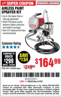 Harbor Freight Coupon AIRLESS PAINT SPRAYER KIT Lot No. 62915/60600 Expired: 4/1/20 - $164.99