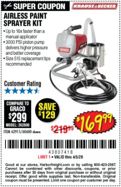 Harbor Freight Coupon AIRLESS PAINT SPRAYER KIT Lot No. 62915/60600 Expired: 6/30/20 - $169.99