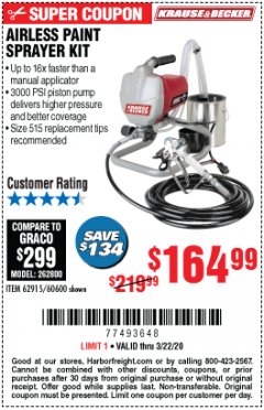 Harbor Freight Coupon AIRLESS PAINT SPRAYER KIT Lot No. 62915/60600 Expired: 3/22/20 - $164.99