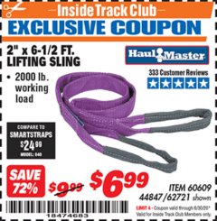 Harbor Freight ITC Coupon 2 X 6-1/2" FT. LIFTING SLING Lot No. 60609/62721/44847 Expired: 6/30/20 - $6.99