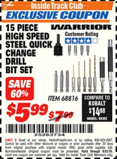 Harbor Freight ITC Coupon 15 PIECE HIGH SPEED STEEL QUICK CHANGE DRILL BIT SET Lot No. 68816 Expired: 8/31/18 - $5.99