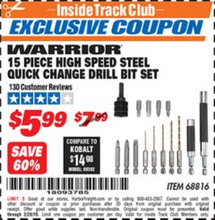 Harbor Freight ITC Coupon 15 PIECE HIGH SPEED STEEL QUICK CHANGE DRILL BIT SET Lot No. 68816 Expired: 2/28/19 - $5.99
