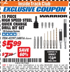 Harbor Freight ITC Coupon 15 PIECE HIGH SPEED STEEL QUICK CHANGE DRILL BIT SET Lot No. 68816 Expired: 4/30/19 - $5.99