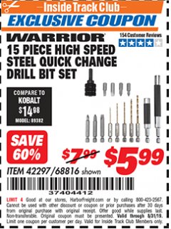 Harbor Freight ITC Coupon 15 PIECE HIGH SPEED STEEL QUICK CHANGE DRILL BIT SET Lot No. 68816 Expired: 8/31/19 - $5.99