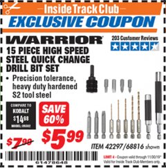Harbor Freight ITC Coupon 15 PIECE HIGH SPEED STEEL QUICK CHANGE DRILL BIT SET Lot No. 68816 Expired: 11/30/19 - $5.99