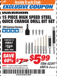 Harbor Freight ITC Coupon 15 PIECE HIGH SPEED STEEL QUICK CHANGE DRILL BIT SET Lot No. 68816 Expired: 2/29/20 - $5.99
