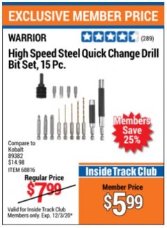 Harbor Freight ITC Coupon 15 PIECE HIGH SPEED STEEL QUICK CHANGE DRILL BIT SET Lot No. 68816 Expired: 12/3/20 - $5.99