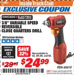 Harbor Freight ITC Coupon 3/8" REVERSIBLE CLOSE QUARTERS DRILL Lot No. 60610 Expired: 3/31/20 - $24.99