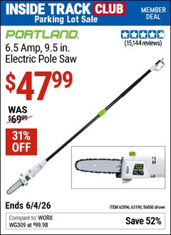 Harbor Freight Coupon PORTLAND 6.5 AMP, 9.5 IN. ELECTRIC POLE SAW Lot No. 56808/62896/63190 Valid: 12/31/69 - 6/4/26 - $47.99