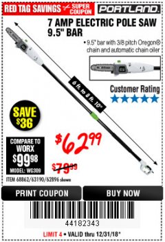Harbor Freight Coupon 7 AMP 1.5 HP ELECTRIC POLE SAW Lot No. 56808/68862/63190/62896 Expired: 12/31/18 - $62.99