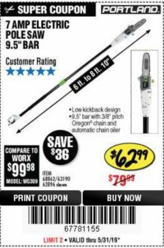 Harbor Freight Coupon 7 AMP 1.5 HP ELECTRIC POLE SAW Lot No. 56808/68862/63190/62896 Expired: 5/31/19 - $62.99