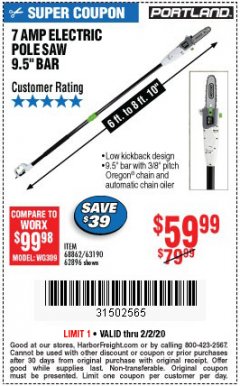 Harbor Freight Coupon 7 AMP 1.5 HP ELECTRIC POLE SAW Lot No. 56808/68862/63190/62896 Expired: 2/2/20 - $59.99
