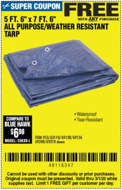 Harbor Freight FREE Coupon 5 FT. 6" X 7 FT. 6" ALL PURPOSE WEATHER RESISTANT TARP Lot No. 953/63110/69210/69128/69136/69248 Expired: 3/1/20 - FWP