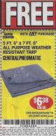 Harbor Freight FREE Coupon 5 FT. 6" X 7 FT. 6" ALL PURPOSE WEATHER RESISTANT TARP Lot No. 953/63110/69210/69128/69136/69248 Expired: 5/15/17 - FWP