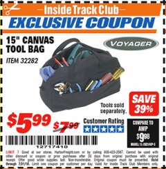 Harbor Freight ITC Coupon 15" CANVAS TOOL BAG Lot No. 32282 Expired: 7/31/18 - $5.99
