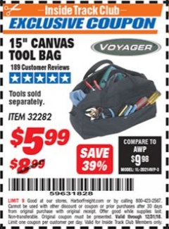 Harbor Freight ITC Coupon 15" CANVAS TOOL BAG Lot No. 32282 Expired: 12/31/18 - $5.99