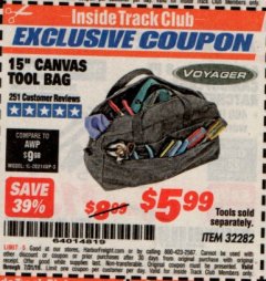 Harbor Freight ITC Coupon 15" CANVAS TOOL BAG Lot No. 32282 Expired: 7/31/19 - $5.99