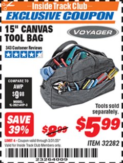 Harbor Freight ITC Coupon 15" CANVAS TOOL BAG Lot No. 32282 Expired: 3/31/20 - $5.99