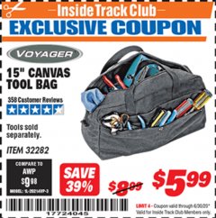 Harbor Freight ITC Coupon 15" CANVAS TOOL BAG Lot No. 32282 Expired: 6/30/20 - $5.99